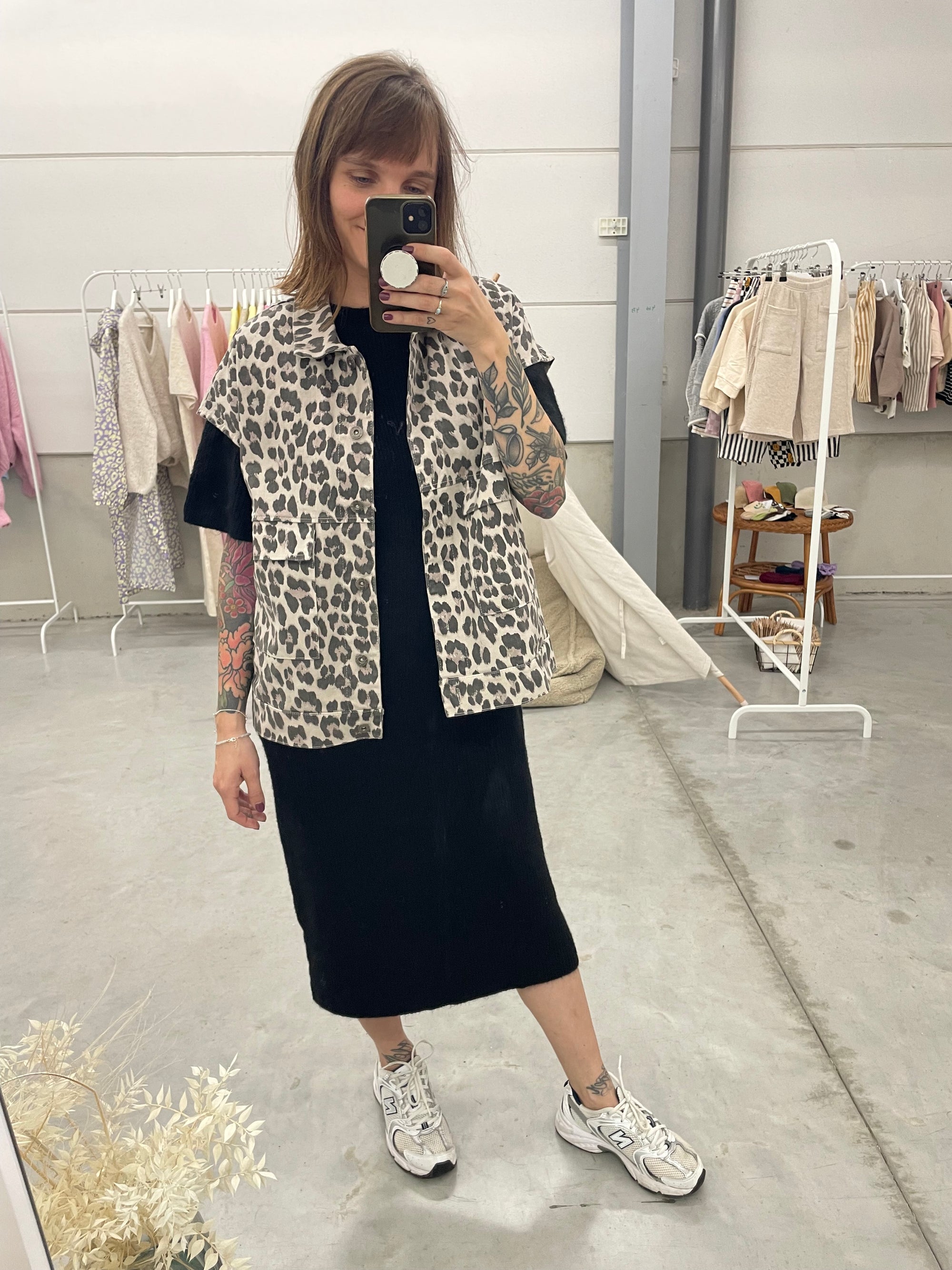 Oversized leopard denim vest